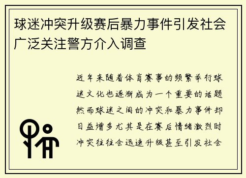 球迷冲突升级赛后暴力事件引发社会广泛关注警方介入调查 球迷冲突升级赛后暴力事件引发社会广泛关注警方介入调查