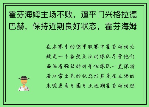 霍芬海姆主场不败，逼平门兴格拉德巴赫，保持近期良好状态，霍芬海姆vs
