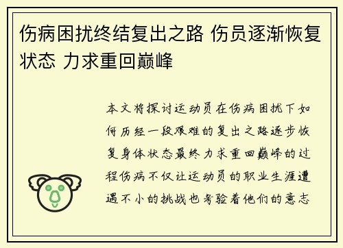 伤病困扰终结复出之路 伤员逐渐恢复状态 力求重回巅峰
